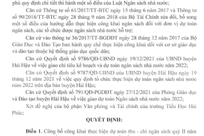 Quyết định về việc công bố công khai thực hiện dự toán thu chi ngân sách quý II năm 2022 của Trường Tiếu Học Hải Phúc