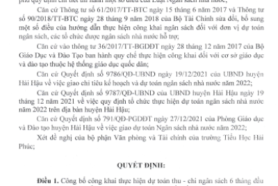 Quyết định về việc công bố công khai thực hiện dự toán thu chi ngân sách 6 tháng đầu năm 2022 của Trường Tiếu Học Hải Phúc