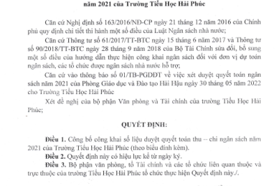 Quyết định về việc công bố công khai số liệu quyết toán thu – chi ngân sách năm 2021 của trường Tiểu Học Hải Phúc