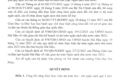 Quyết định về việc công bố công khai thực hiện dự toán thu chi ngân sách quý I năm 2022 của Trường Tiếu Học Hải Phúc