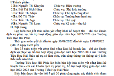 Biên bản v/v kết thúc niêm yết công khai kế hoạch thu – chi các khoản dịch vụ phục vụ, hỗ trợ hoạt động giáo dục năm học 2022-2023 của Trường Tiểu Học Hải Phúc