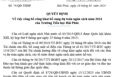 Quyết định Về việc công bố công khai bổ sung dự toán ngân sách năm 2024 của Trường Tiểu học Hải Phúc (Căn cứ theo QĐ số 269/QĐ-PGDĐT ngày 09/05/2024 của Phòng GD&ĐT Hải Hậu)