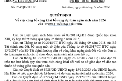 Quyết định Về việc công bố công khai bổ sung dự toán ngân sách năm 2024 của Trường Tiểu học Hải Phúc (Căn cứ theo QĐ số 733/QĐ-PGDĐT ngày 05/11/2024 của Phòng GD&ĐT Hải Hậu)