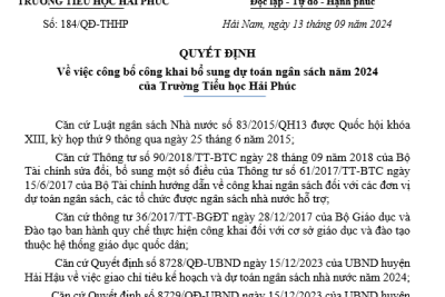 Quyết định Về việc công bố công khai bổ sung dự toán ngân sách năm 2024 của Trường Tiểu học Hải Phúc (Căn cứ theo QĐ số 566/QĐ-PGDĐT ngày 10/09/2024 của Phòng GD&ĐT Hải Hậu)