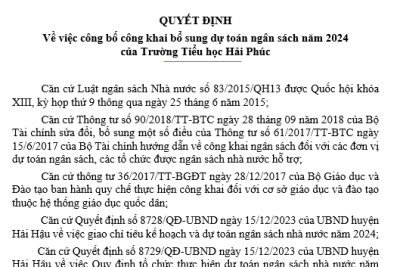 Quyết định Về việc công bố công khai bổ sung dự toán ngân sách năm 2024 của Trường Tiểu học Hải Phúc (Căn cứ theo QĐ số 679/QĐ-PGDĐT ngày 16/10/2024 của Phòng GD&ĐT Hải Hậu)