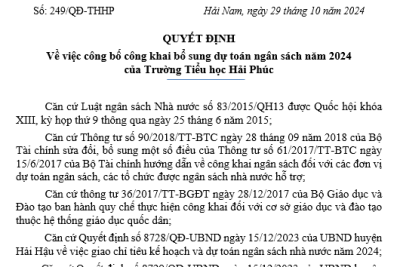 Quyết định Về việc công bố công khai bổ sung dự toán ngân sách năm 2024 của Trường Tiểu học Hải Phúc (Căn cứ theo QĐ số 703/QĐ-PGDĐT ngày 25/10/2024 của Phòng GD&ĐT Hải Hậu)