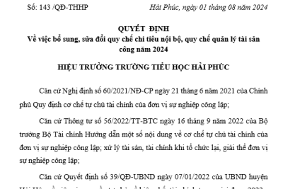 Công khai Quyết định về việc bổ sung, sửa đổi quy chế chi tiêu nội bộ, quy chế quản lý tài sản công năm 2024