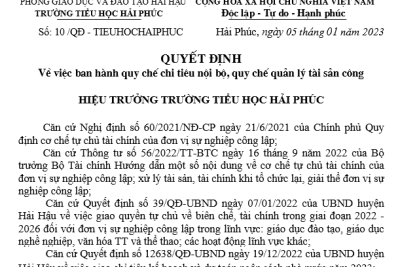 Công khai Quy chế chi tiêu nội bộ, quy chế quản lý tài sản công năm 2023 của trường Tiểu Học Hải Phúc