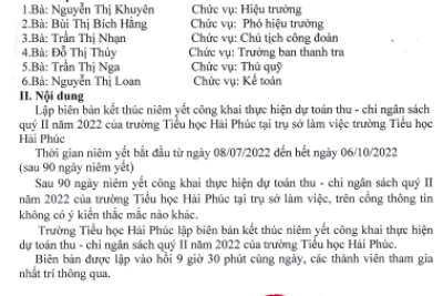 Biên bản kết thúc niêm yết công khai thực hiện dự toán thu – chi ngân sách quý II năm 2022 của trường Tiểu Học Hải Phúc