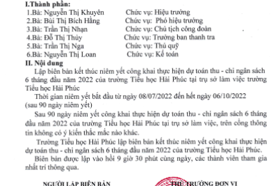 Biên bản kết thúc niêm yết công khai thực hiện dự toán thu – chi ngân sách 6 tháng đầu năm 2022 của trường Tiểu Học Hải Phúc