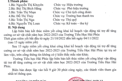 Biên bản Kết thúc niêm yết công khai kế hoạch vận động tài trợ để tăng cường CSVC năm học 2022-2023 của trường Tiểu Học Hải Phúc