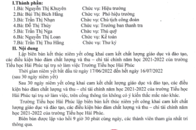 Biên bản kết thúc công khai về cam kết chất lượng giáo dục đào tạo, các điều kiện đảm bảo chất lượng và thu chi tài chính t năm học 2021-2022 của Trường Tiểu Học Hải Phúc
