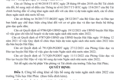 Quyết định về việc công bố công khai bổ sung ngân sách năm 2022 của Trường Tiếu Học Hải Phúc