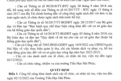 Quyết định về việc công bố công khai danh sách các tổ chức, cá nhân tài trợ đợt 1 Năm học 2022 – 2023 của Trường Tiếu Học Hải Phúc