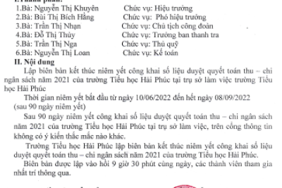 Biên bản kết thúc niêm yết công khai số liệu duyệt quyết toán thu – chi ngân sách năm 2021 của trường Tiểu Học Hải Phúc