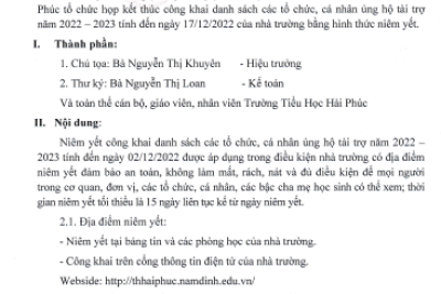 Biên bản kết thúc công khai danh sách cá nhân tổ chức ủng hộ tài trợ đợt 1 năm học 2022-2023 của trường Tiểu Học Hải Phúc