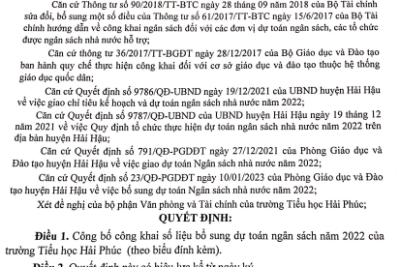 Quyết định về việc công bố công khai bổ sung dự toán ngân sách năm 2022 của Trường Tiếu Học Hải Phúc