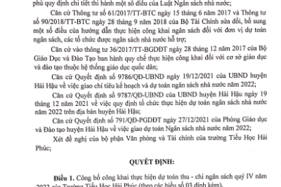 Quyết định về việc công bố công khai thực hiện dự toán thu chi ngân sách quý IV năm 2022 của Trường Tiếu Học Hải Phúc