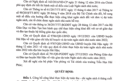 Quyết định về việc công bố công khai thực hiện dự toán thu chi ngân sách 6 tháng cuối năm 2022 của Trường Tiếu Học Hải Phúc