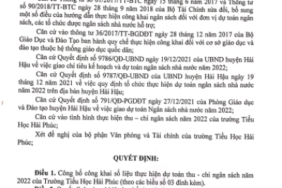 Quyết định về việc công bố công khai thực hiện dự toán thu chi ngân sách năm 2022 của Trường Tiếu Học Hải Phúc