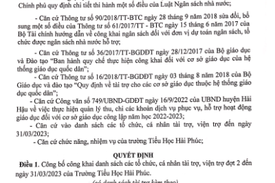 Quyết định về việc công bố công khai danh sách các tổ chức cá nhân ủng hộ tài trợ đợt 2 năm học 2022-2023 của Trường Tiếu Học Hải Phúc