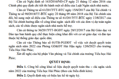 Quyết định công khai số liệu duyệt quyết toán thu – chi ngân sách năm 2022 của Trường TH Hải Phúc