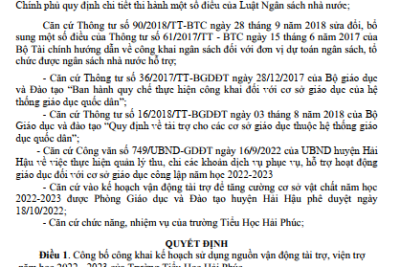 Quyết định Về việc công bố công khai kế hoạch sử dụng nguồn vận động tài trợ, viện trợ đợt 1 năm học 2022 – 2023 của Trường TH Hải Phúc