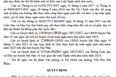 Quyết định Về việc công bố công khai thực hiện dự toán thu- chi ngân sách quý I năm 2023 của Trường Tiểu Học Hải Phúc