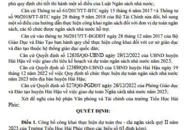 Quyết định Về việc công bố công khai thực hiện dự toán thu- chi ngân sách quý II năm 2023 của Trường Tiểu Học Hải Phúc