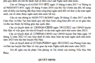 Quyết định Về việc công bố công khai thực hiện dự toán thu- chi ngân sách 6 tháng đầu năm 2023 của Trường Tiểu Học Hải Phúc