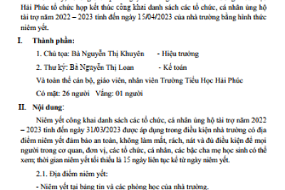 Biên bản Kết thúc công khai danh sách các tổ chức, cá nhân tài trợ đợt 2 năm học 2022 – 2023 của Trường Tiểu Học Hải Phúc