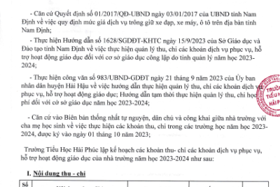 Kế hoạch thu – chi các khoản dịch vụ phục vụ, hỗ trợ hoạt động giáo dục của nhà trường năm học 2023-2024