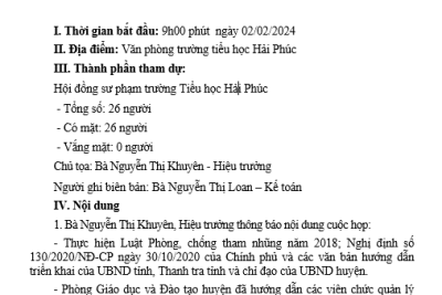Công khai bản kê khai tài sản, thu nhập của viên chức quản lý trường Tiểu học Hải Phúc