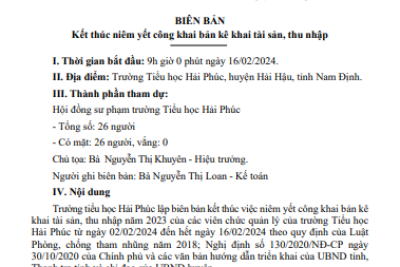 Kết thúc niêm yết công khai bản kê khai tài sản, thu nhập của Trường Tiểu Học Hải Phúc