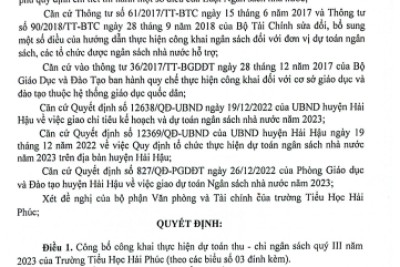 Quyết định Về việc công bố công khai thực hiện dự toán thu- chi ngân sách quý III năm 2023 của Trường Tiểu Học Hải Phúc