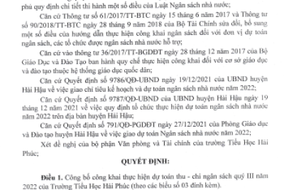 Quyết dịnh về việc công bố công khai thực hiện dự toán thu- chi ngân sách quý III năm 2022 của Trường Tiểu Học Hải Phúc