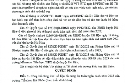 Quyết định về việc công khai bổ sung dự toán ngân sách năm 2023 của Trường Tiểu học Hải Phúc