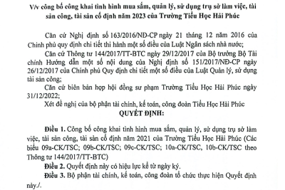Quyết định V/v công bố công khai tình hình mua sắm, quản lý, sử dụng trụ sở làm việc, tài sản công, TSCĐ năm 2023 của Trường Tiểu Học Hải Phúc