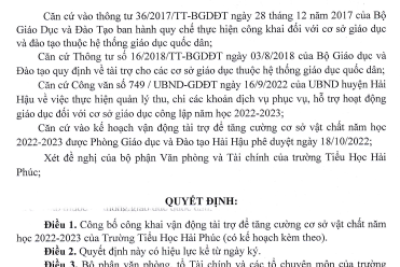 Quyết định về việc công khai kế hoạch vận động tài trợ để tăng cường cơ sở vật chất năm học 2022-2023 của Trường Tiểu Học Hải Phúc