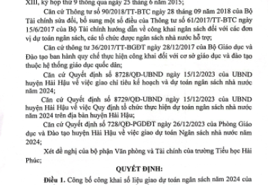 Quyết định Về việc công bố công khai dự toán ngân sách năm 2024 của Trường Tiểu học Hải Phúc
