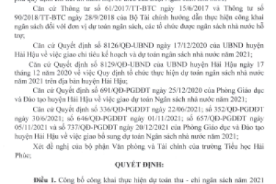 Quyết định về việc công bố công khai thực hiện dự toán thu chi ngân sách năm 2021 của Trường Tiếu Học Hải Phúc