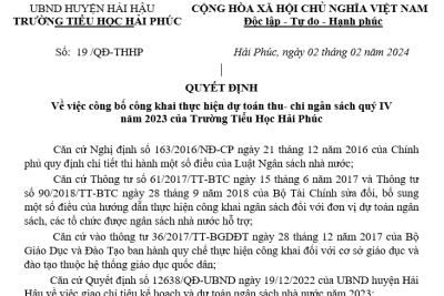 Quyết định Về việc công bố công khai thực hiện dự toán thu- chi ngân sách quý IV năm 2023 của Trường Tiểu Học Hải Phúc