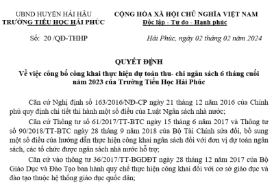 Quyết định Về việc công bố công khai thực hiện dự toán thu chi ngân sách 6 tháng cuối năm 2023 của Trường Tiểu học Hải Phúc