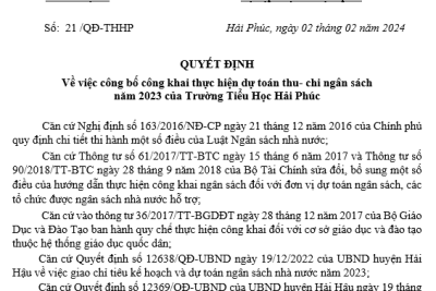 Quyết định Về việc công bố công khai thực hiện dự toán thu- chi ngân sách năm 2023 của Trường Tiểu Học Hải Phúc