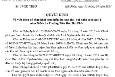 Quyết định Về việc công bố công khai thực hiện dự toán thu- chi ngân sách quý I năm 2024 của Trường Tiểu Học Hải Phúc