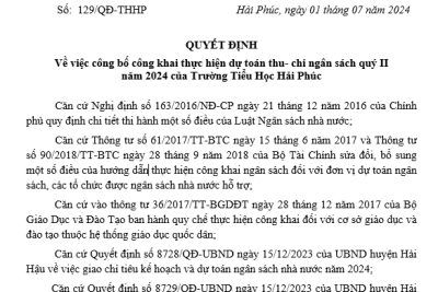 Quyết định Về việc công bố công khai thực hiện dự toán thu- chi ngân sách quý II năm 2024 của Trường Tiểu Học Hải Phúc