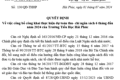 Quyết định Về việc công bố công khai thực hiện dự toán thu- chi ngân sách 6 tháng đầu năm 2024 của Trường Tiểu Học Hải Phúc
