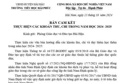 Cam kết thực hiện các khoản thu- chi trong năm học 2024- 2025 của Trường Tiểu Học Hải Phúc