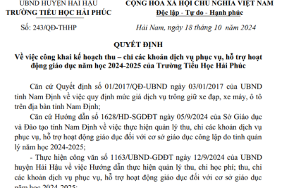 Quyết định về việc công khai kế hoạch thu – chi các khoản dịch vụ phục vụ, hỗ trợ hoạt động giáo dục của nhà trường năm học 2024-2025